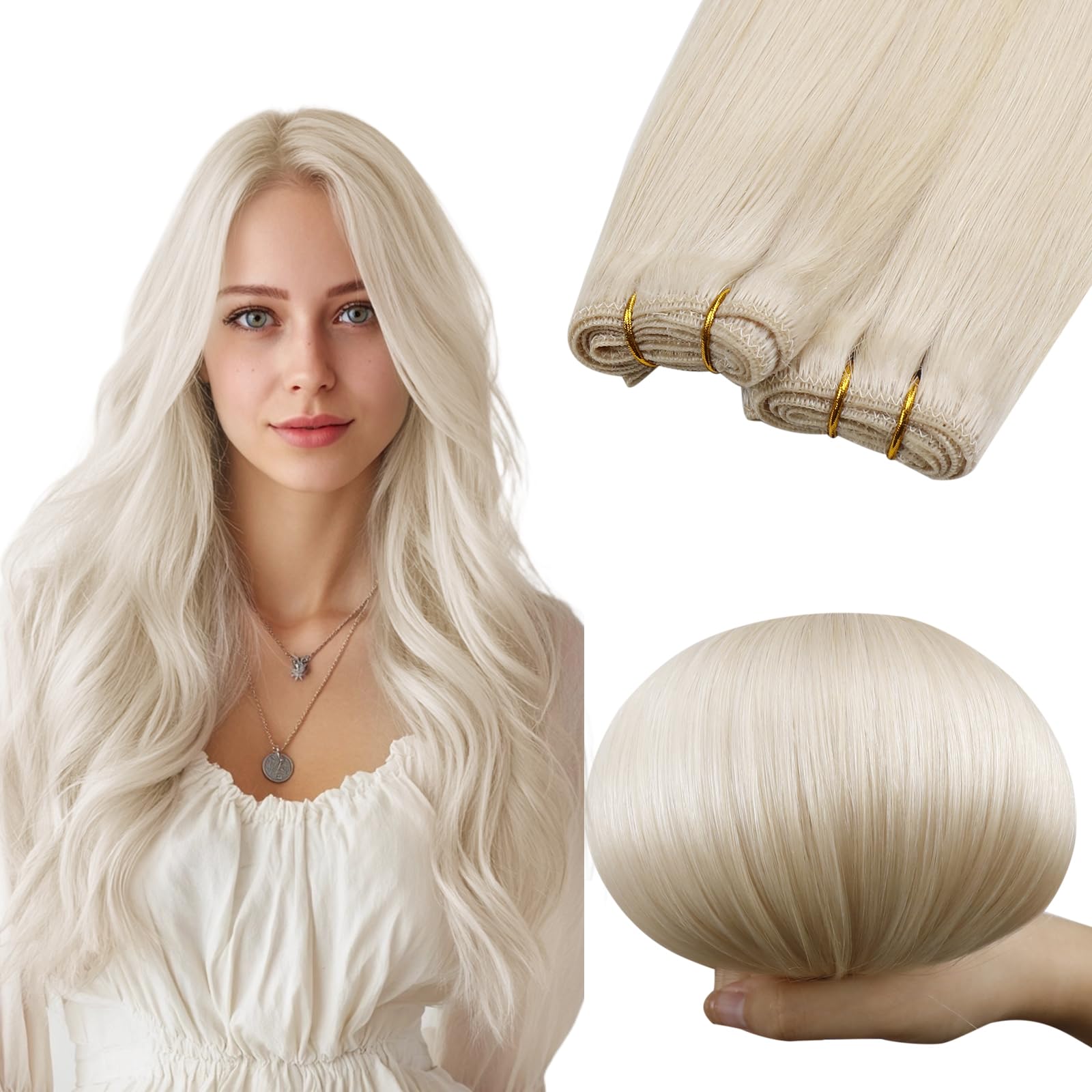 RUNATURE Blonde 20 Inch Weft Hair Extensions Real Human Hair White Blonde Sew in Hair Extenisions Human Hair Weft 120g/pack #800
