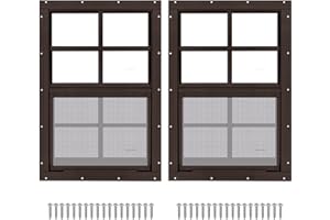 LINGRINGDCY 2 Pack 12" x 18" Brown Shed Window with Tempered Glass and Fiberglass Screen Household Sliding Windows with Screws for Shed, Chicken Coop, Playhouse, Garage and Barns