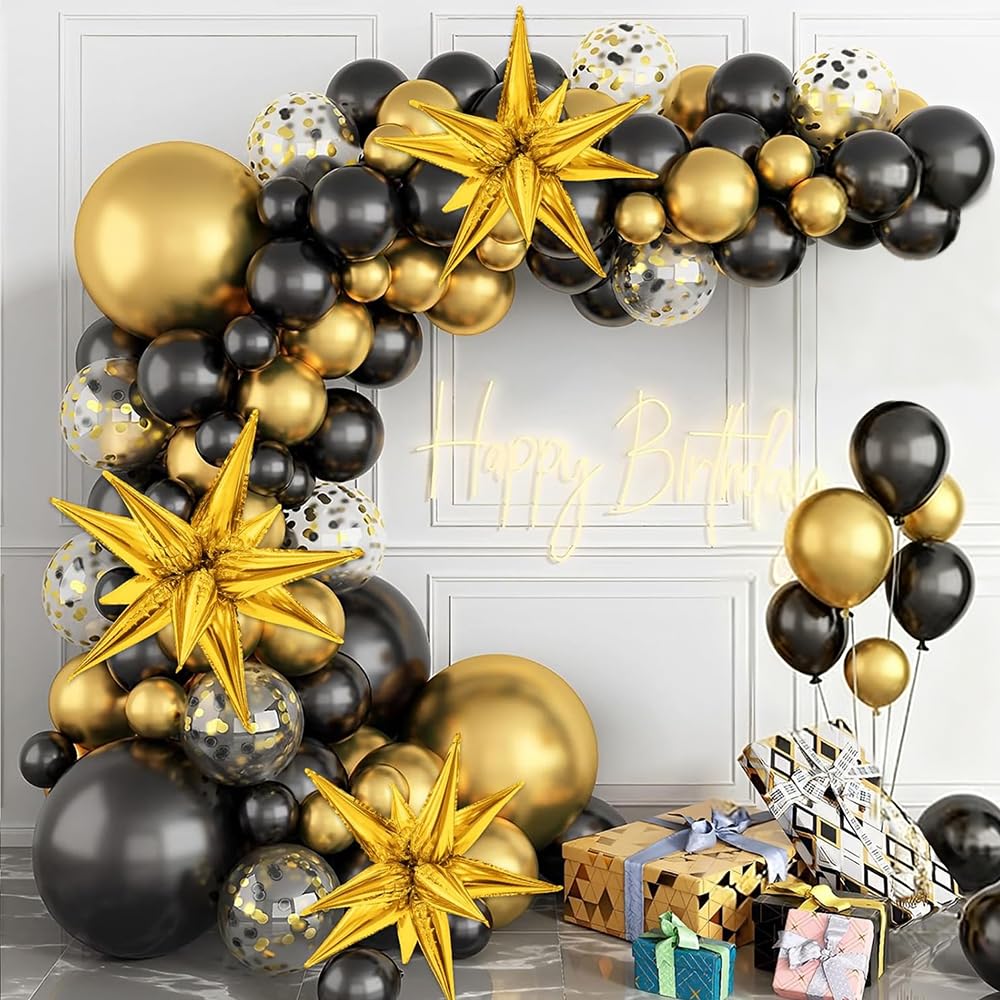 Photo 1 of 125Pcs Black and Gold Balloon Arch Kit, Explosion Star Black and Metallic Gold Balloons 18/12/10/5 Inch Balloons for Birthday Anniversary Retirement Wedding Graduation New Year Decorations