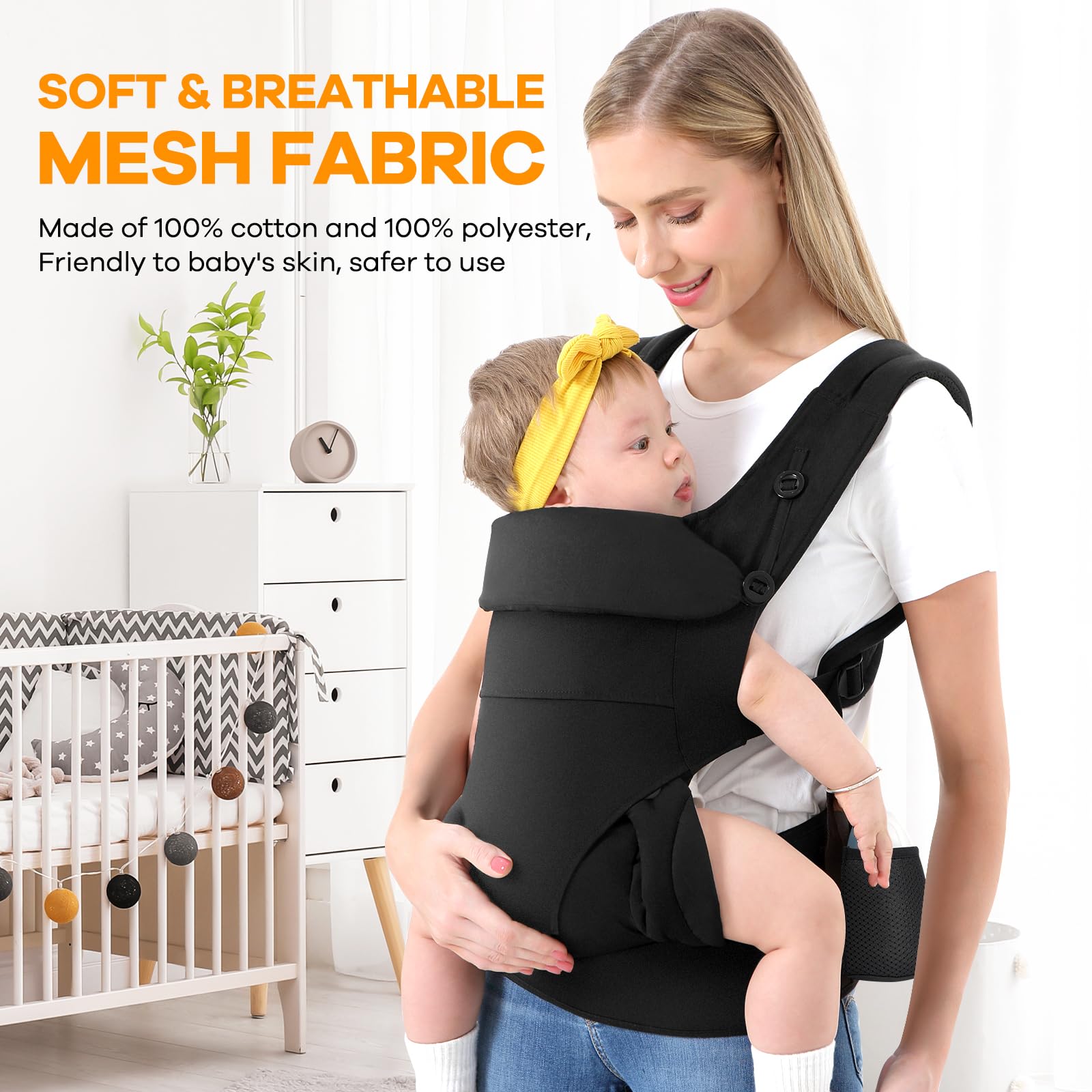HKAI Baby Carrier for Newborn to Toddler - Multifunctional Pocket, Ergonomic Design, Comfortable Parenting and Lumbar Support for All-Position Infant Carrier (7-45lbs), Black