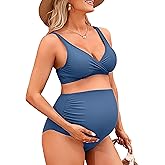 Charmo High Waisted Maternity Swimsuit Bikini Set V Neck Pregnancy Bathing Suits Push Up Two Piece Swimwear
