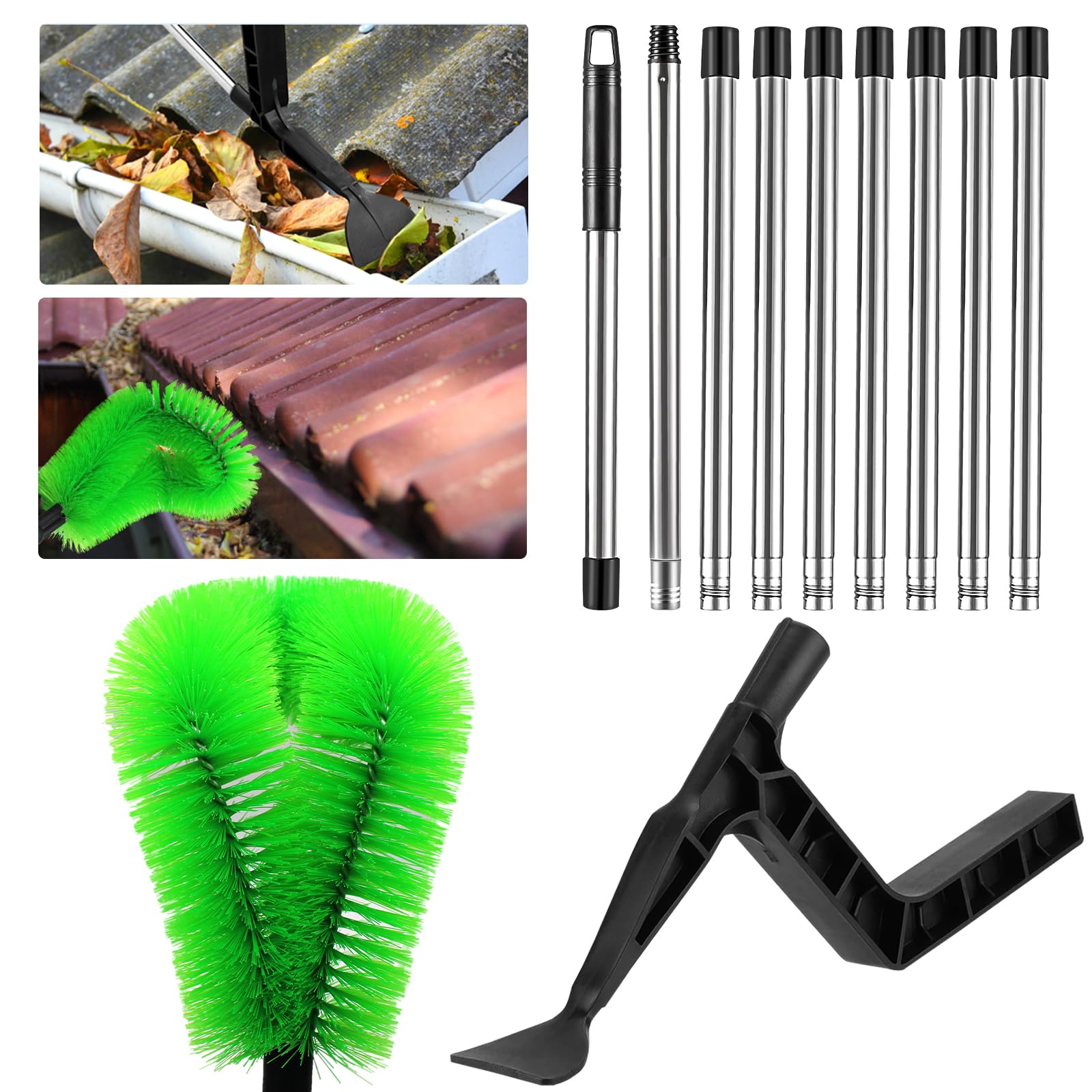 Gutter Cleaning Tools 390cm with 9-Section Pole Gutter Cleaner Gutter Cleaning from The Ground Adjustable Gutter Cleaning Brush from The Ground Multi-Functional Extended Handle Brush Gutter Cleaner