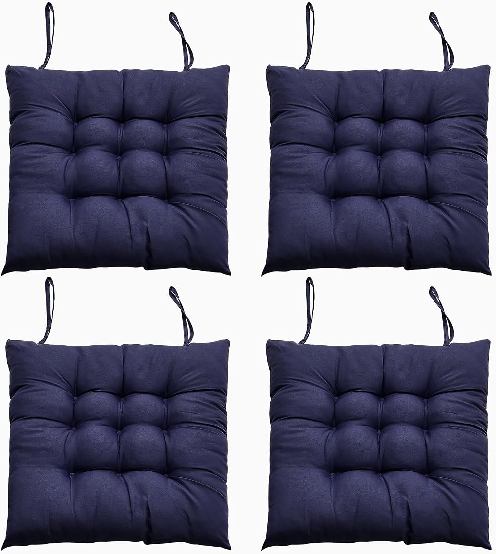 DKIEI Seat Pads for Dining Chairs 4 Pack 40x40cm Blue with Non-Slip Straps