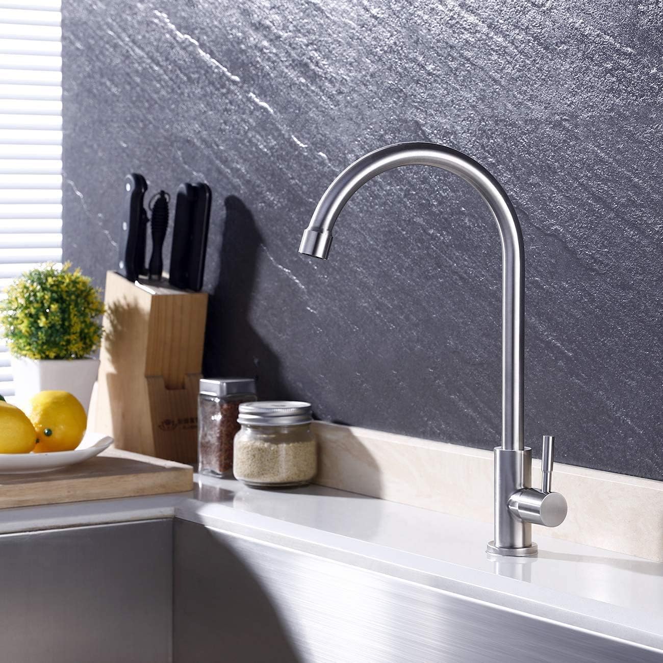 KES Kitchen Sink Faucet for Cold Water Gooseneck Bar Sink Faucet Single Hole Stainless Steel Single Handle Bathroom Faucet Brushed Steel Finish, K8051ALF-BS - - 