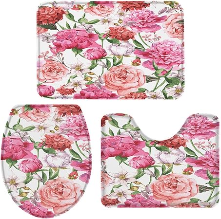 Moily Fayshow Badezimmerteppich-Set 3-teilige Florale Rosenpfingstrose