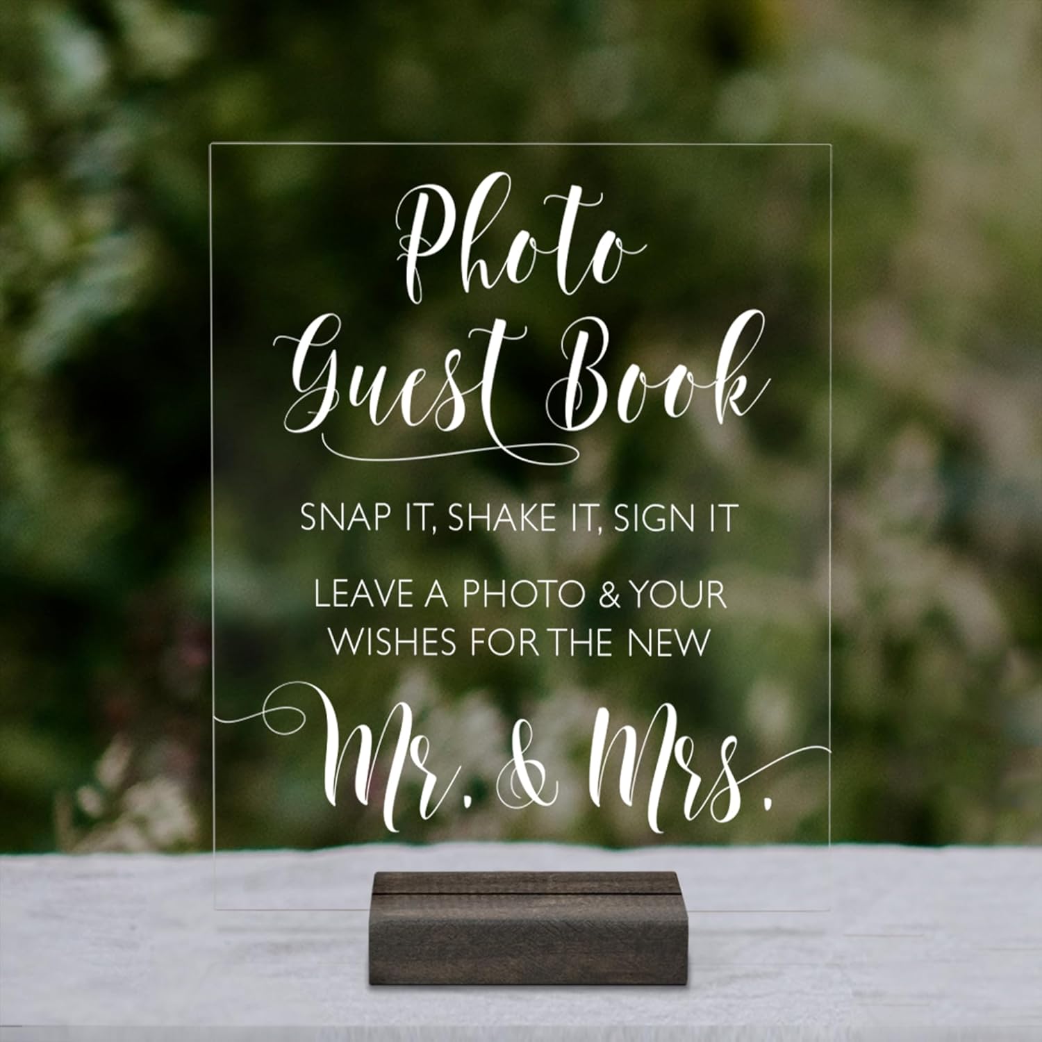 Mixed Media - Wedding Photo Booth Sign | Acrylic Wedding Guest Book Sign-in | Clear Acrylic Sign with Stand | Handmade & Hand-Painted Sign Our Guestbook Message Sign (8x10, Dark Walnut Stand)