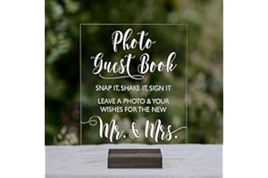 SWEET CAROLINA COLLECTIVE Wedding Photo Booth Sign | Acrylic Wedding Guest Book Sign-in | Clear Acrylic Sign with Stand | Handmade & Hand-Painted Sign Our Guestbook Message Sign (8x10, Dark Walnut Stand)