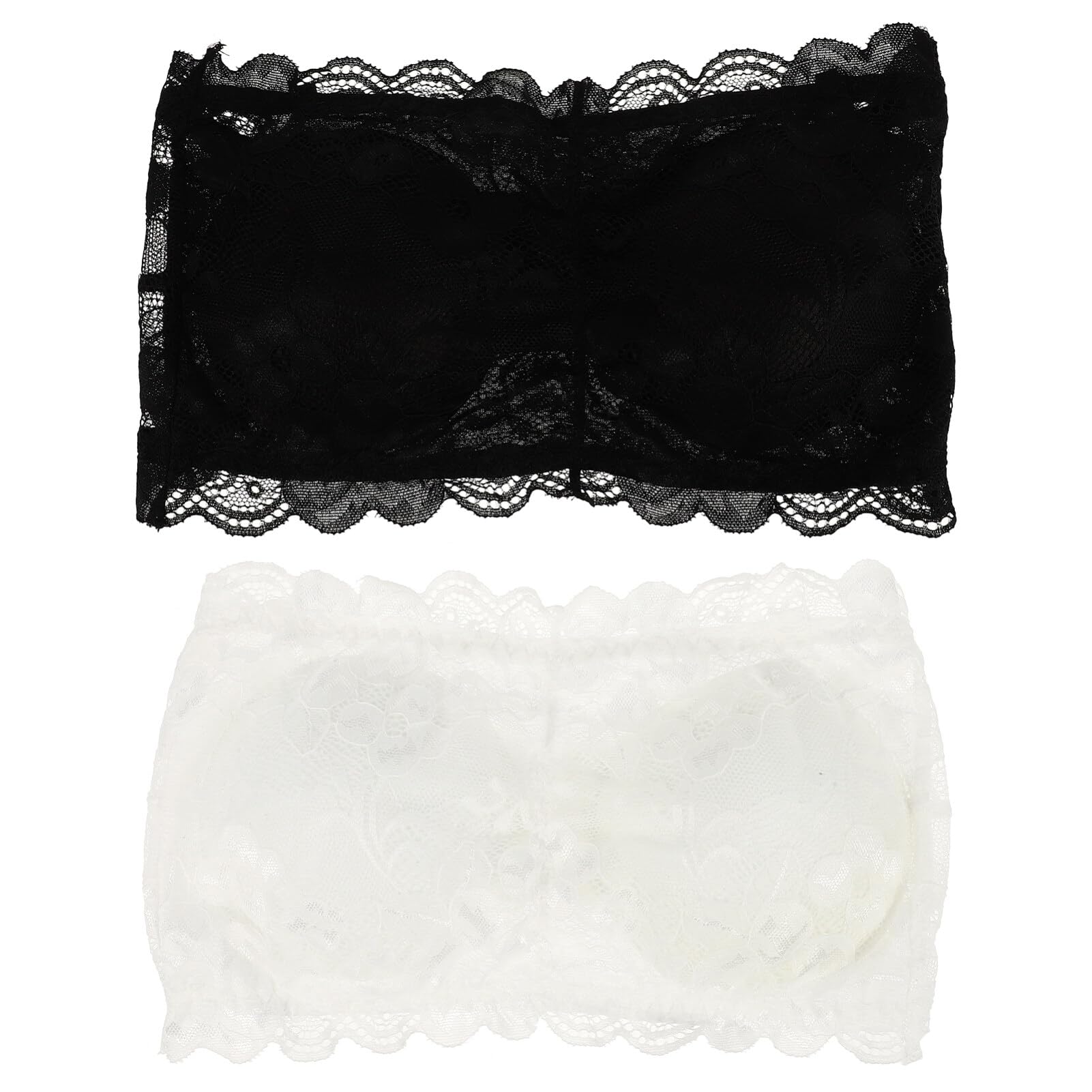 Strapless Bra, Bandeau Bra for Women One Size Lace Bra Lace Padded Removable Seamless Stretch Bandeau Tube Bra Top (2pcs White Black)