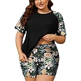 COOTRY Womens 2 Piece Plus Size Rash Guard Swimwear Short Sleeve Swimsuits Bathing Suit Swim Shirt and Shorts UPF 50+