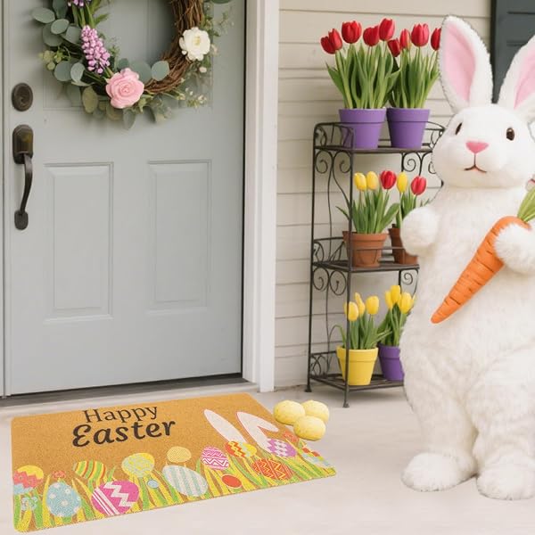IZUS SPRING HAPPY-EASTER WELCOME-DOORMATS NON-SLIP-COIR OUTDOOR-ENTRANCE-DECOR – FRONT-DOOR-MAT INDOOR HOME PORCH COLORFUL-EGGS/BUNNY-EARS/TULIPS-FLORAL DECOR 17X29INCH