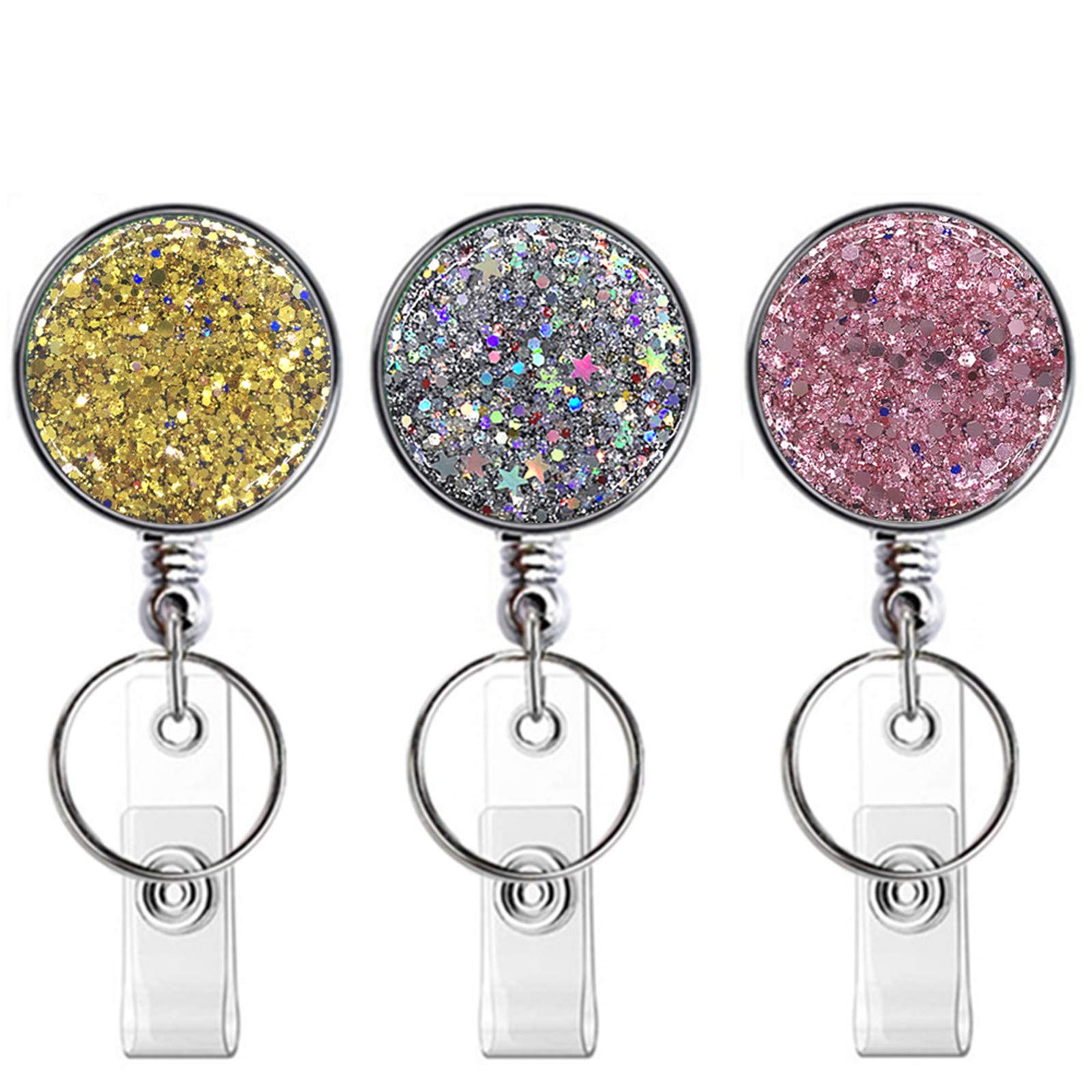 Retractable Badge Holder, Lightweight Plastic Badge Reel Retractable Card Holder with Key Ring Backing Belt Clip for Nurse,Volunteer,Teacher,Student,Office (Pretty Golden Sliver Pink-UK)