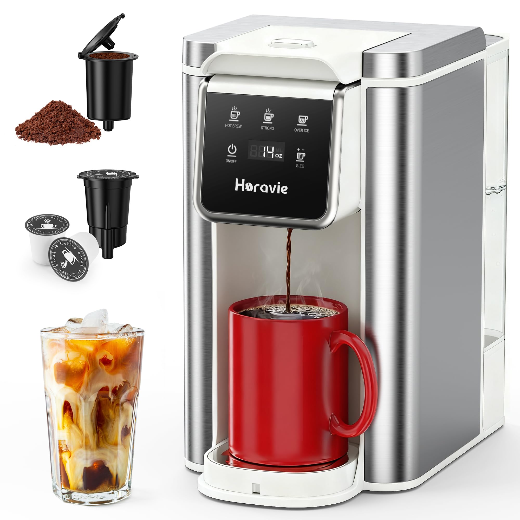 horavie single serve coffee maker for k-cup pod and ground, hot & iced coffee maker, strong button f