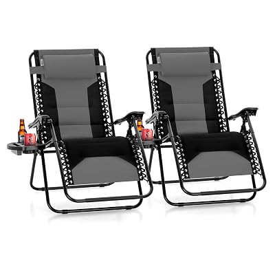 PHI VILLA Zero Gravity Chair Set of 2, Padded Anti Gravity Recliner, Oversized 28" Wide Seat, Foldable Patio Lounger with Armrest & Cup Holder, Supports 400 LBS (Grey)