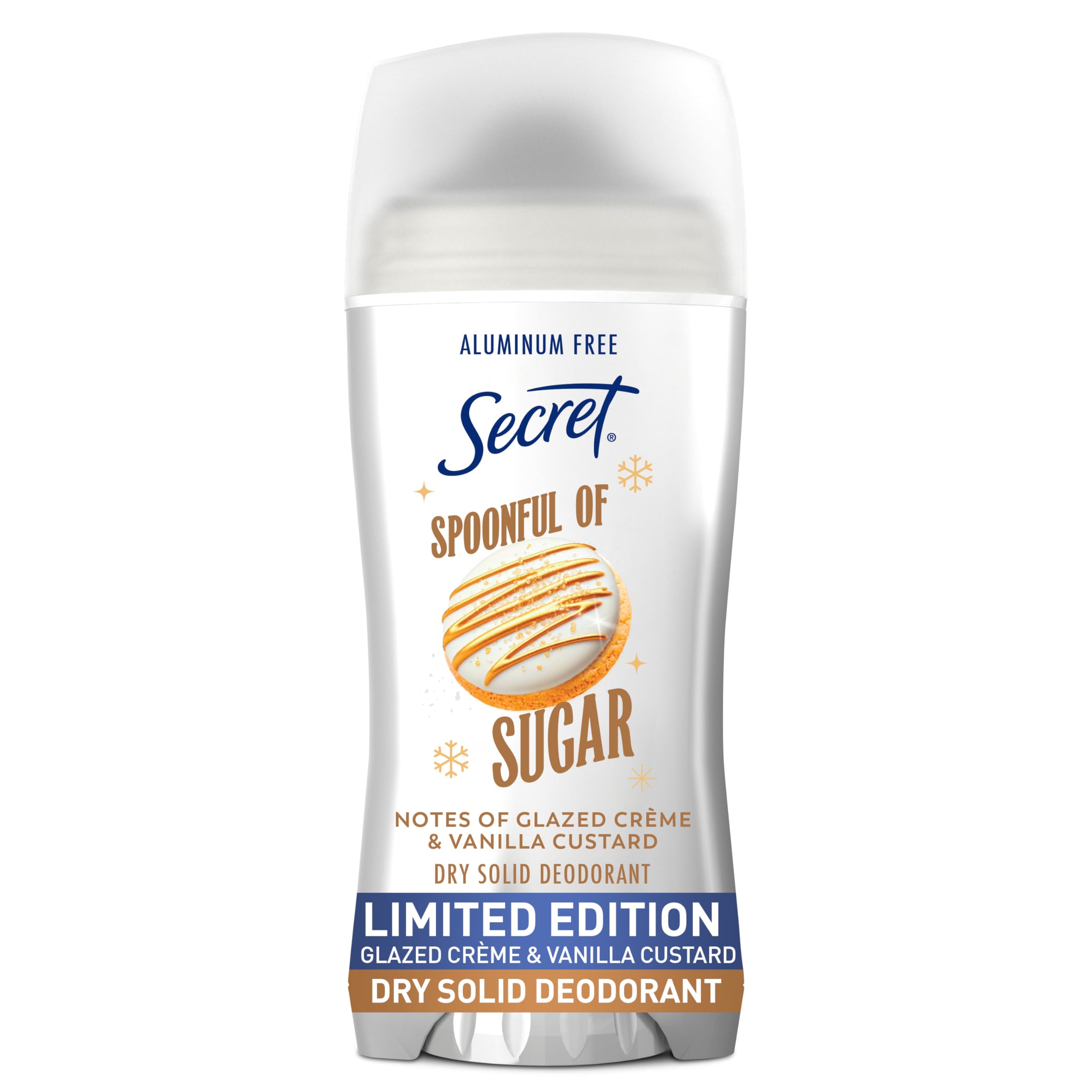 Photo 1 of Secret Aluminum Free Deodorant for Women, 48hr Odor Protection with Pro-Hyaluronic Acid, PH Balancing Minerals, Holiday Dry Solid, Spoonful of Sugar with Glazed Crème & Vanilla Custard Scent, 2.4 oz