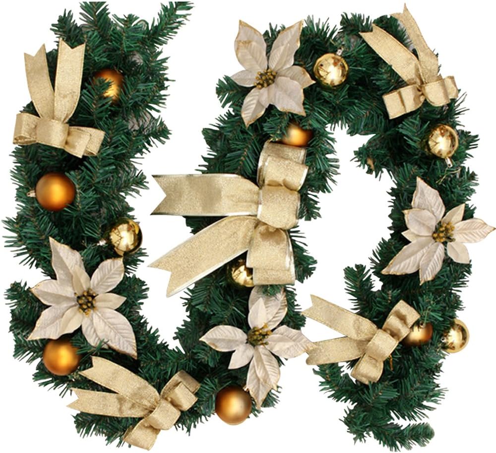 Litteducking 6Ft/1.8M Christmas Garland Xmas Decoration Festive Wreath Garland with Bowknot Flowers Gold