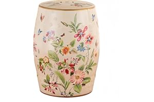 HYFANIYH Ceramic Drum Garden Stool, Flower&Butterfly, Classic, Cottage, French Country,Bathroom, Garden Room, Patio (White,Flower&Butterfly)