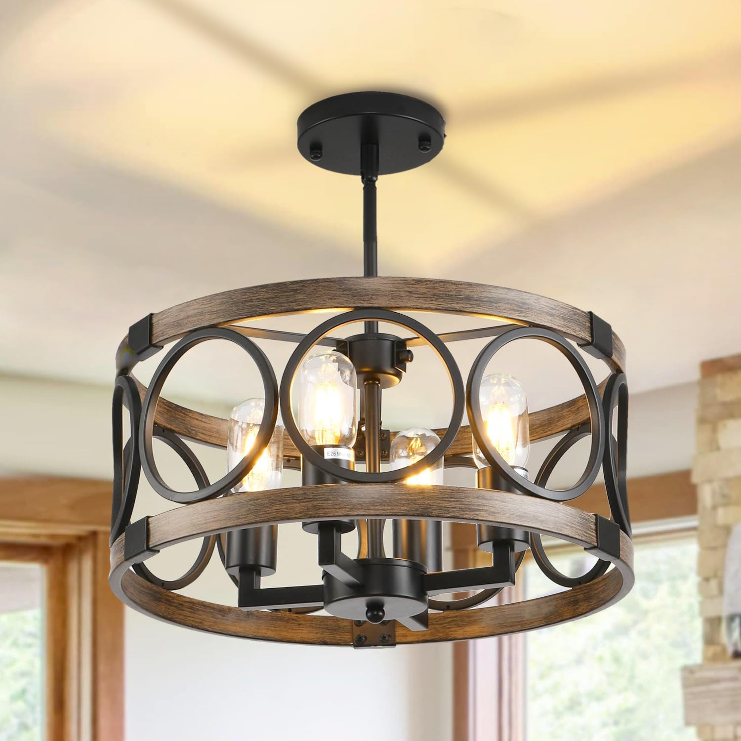 Photo 1 of SHIANDAR Light Fixture Ceiling Mount Kitchen 4 Light Semi Flush Mount Ceiling Light Fixture Black Rustic Farmhouse Chandelier for Dining Room Light Fixture with Adjustable Height