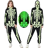 PARTISKY Adult Onesie Skeleton Costume Women & Men, Glow in the Dark Halloween Skeleton Jumpsuit with Zipper Hooded