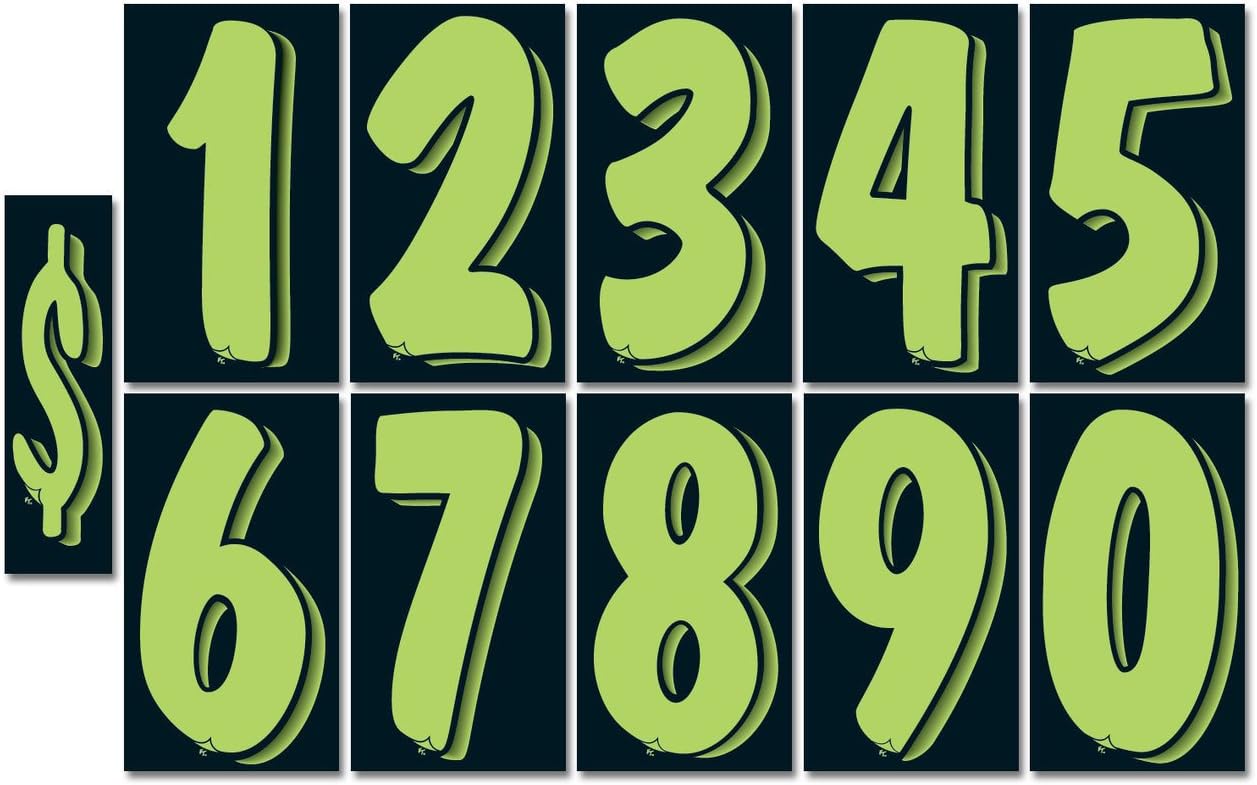 Vinyl Adhesive Advertising Number Window Stickers - Full Set - 12 Each of 0-9 and $ (7-1/2") (Fluorescent Chartreuse (Green) on Black)