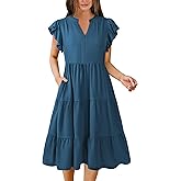 Hount Women's Summer Casual Dress 2026 V Neck Ruffle Sleeve Midi Sundress Flowy Tiered Hawaiian Beach Dresses with Pockets