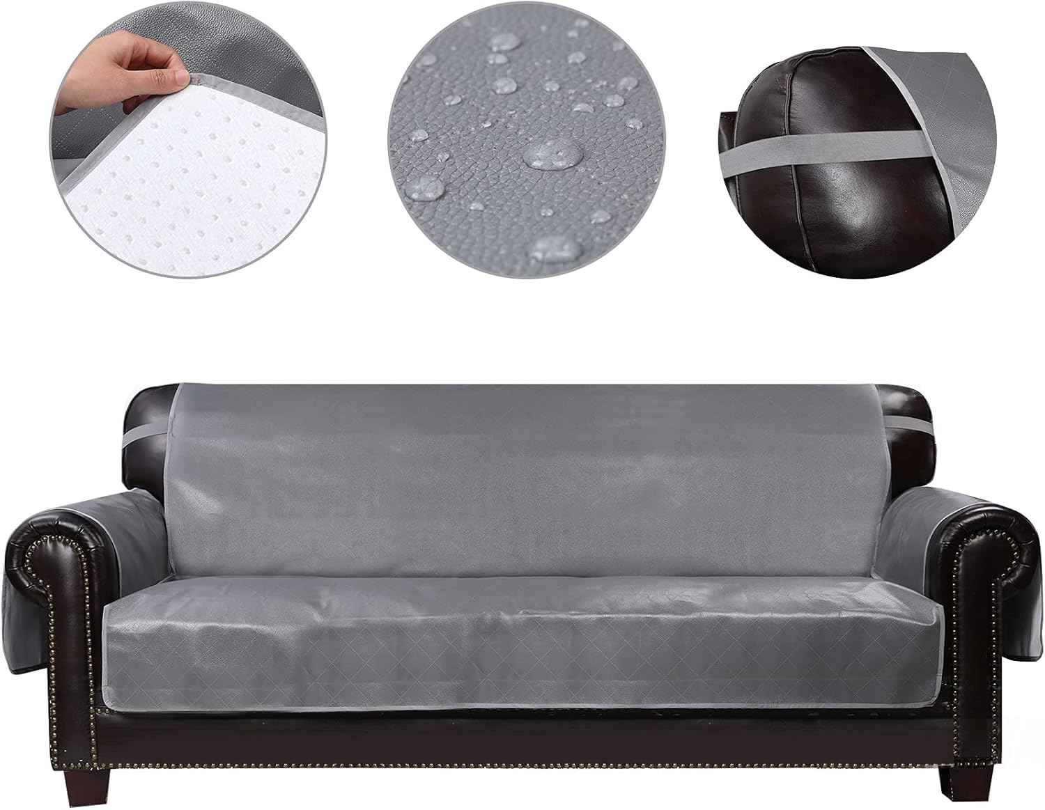 HDCAXKJ 100% Waterproof Leather Couch Cover for Dogs Anti Slip Pet Couch Covers for 3 Cushion Couch Recliner Sofa Cover for Living Room Sofa Slipcovers Furniture Covers Protector (Gray, Large)