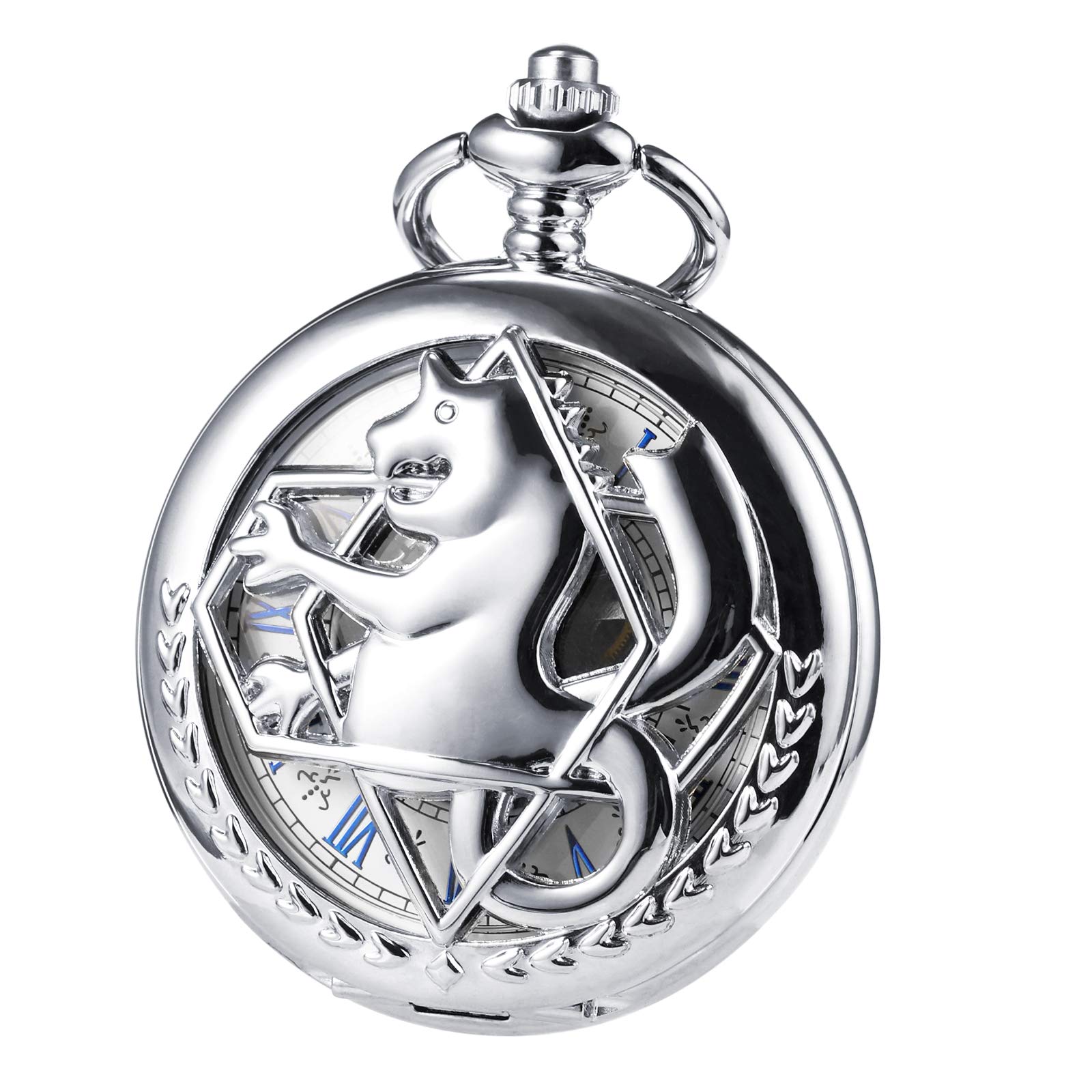 TREEWETO Unisex Pocket Watch Mechanical Double Cover Full Metal Alchemist Skeleton Steampunk for Men Women with Chain - Silver