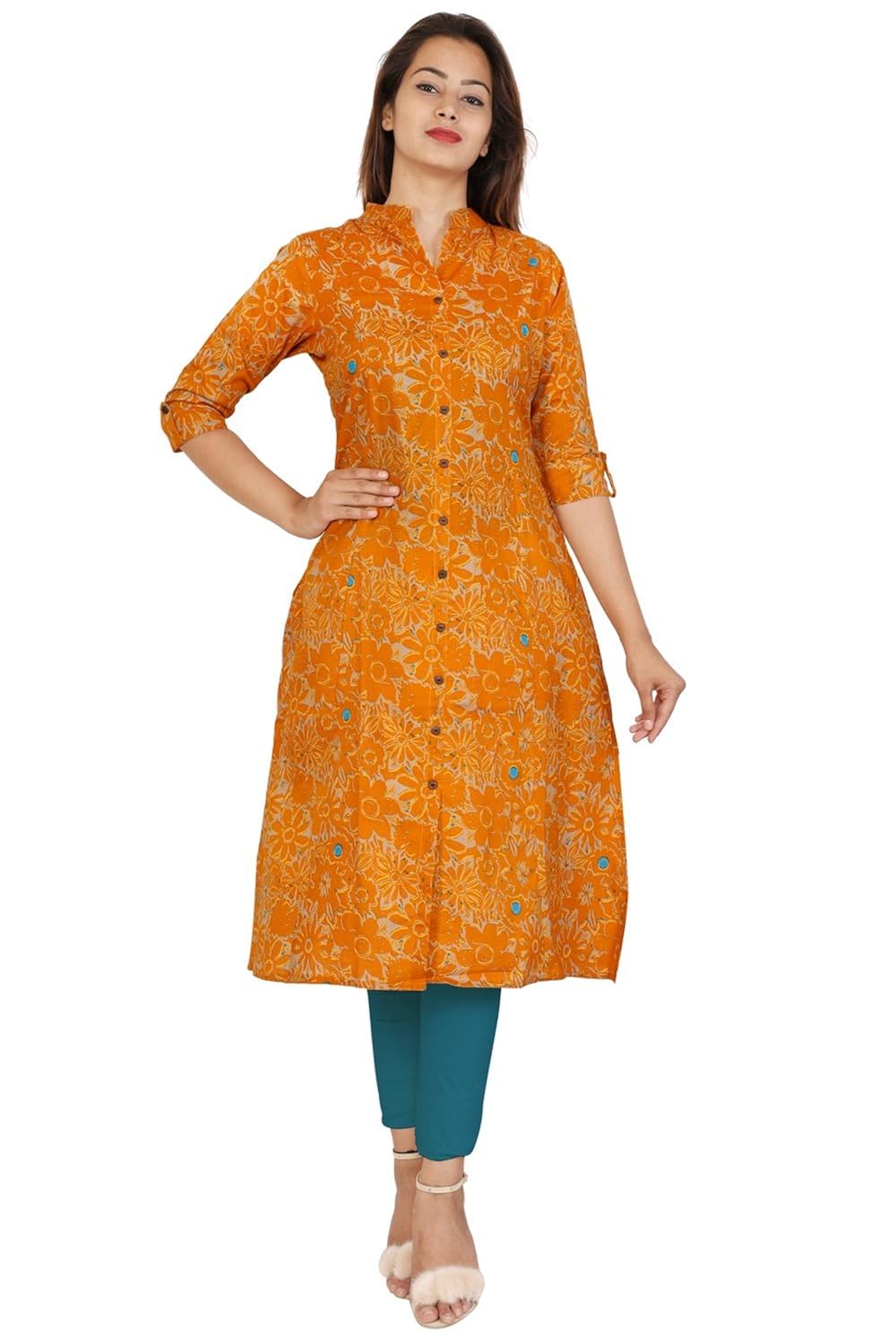 bright cotton women's a-line long kurta (orange)