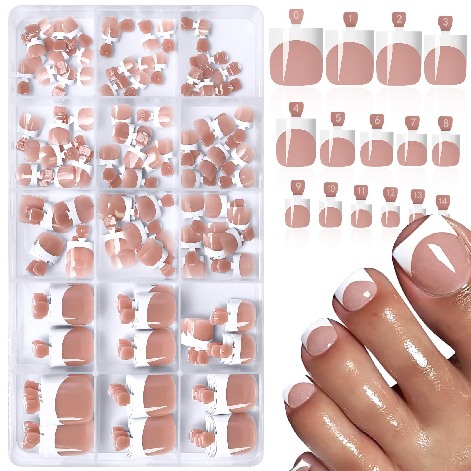 Photo 1 of 150pc White French Tips Press on Toenails Women Fake Toe Nails with Glue Tab, Brown Toe Nail Press ons Nails Short Square Fake Toenails French Toes Nail Tip Glue Toenail Stick Acrylic Toes Nails Kit