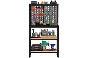 DKLGG Work Bench with Pegboard, Garage Workbench with Storage Open Shelves & 12 Hanging Accessories, Heavy Duty Multipurpose Tool Bench 965LBS Weight Capacity for Garage Workshop Repair Store
