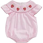 Kayotuas Newborn Baby Girls Smocked Bubble Romper Cute Embroidery Ruffle Gingham Bodysuit Dress Infant Toddler Summer Clothes