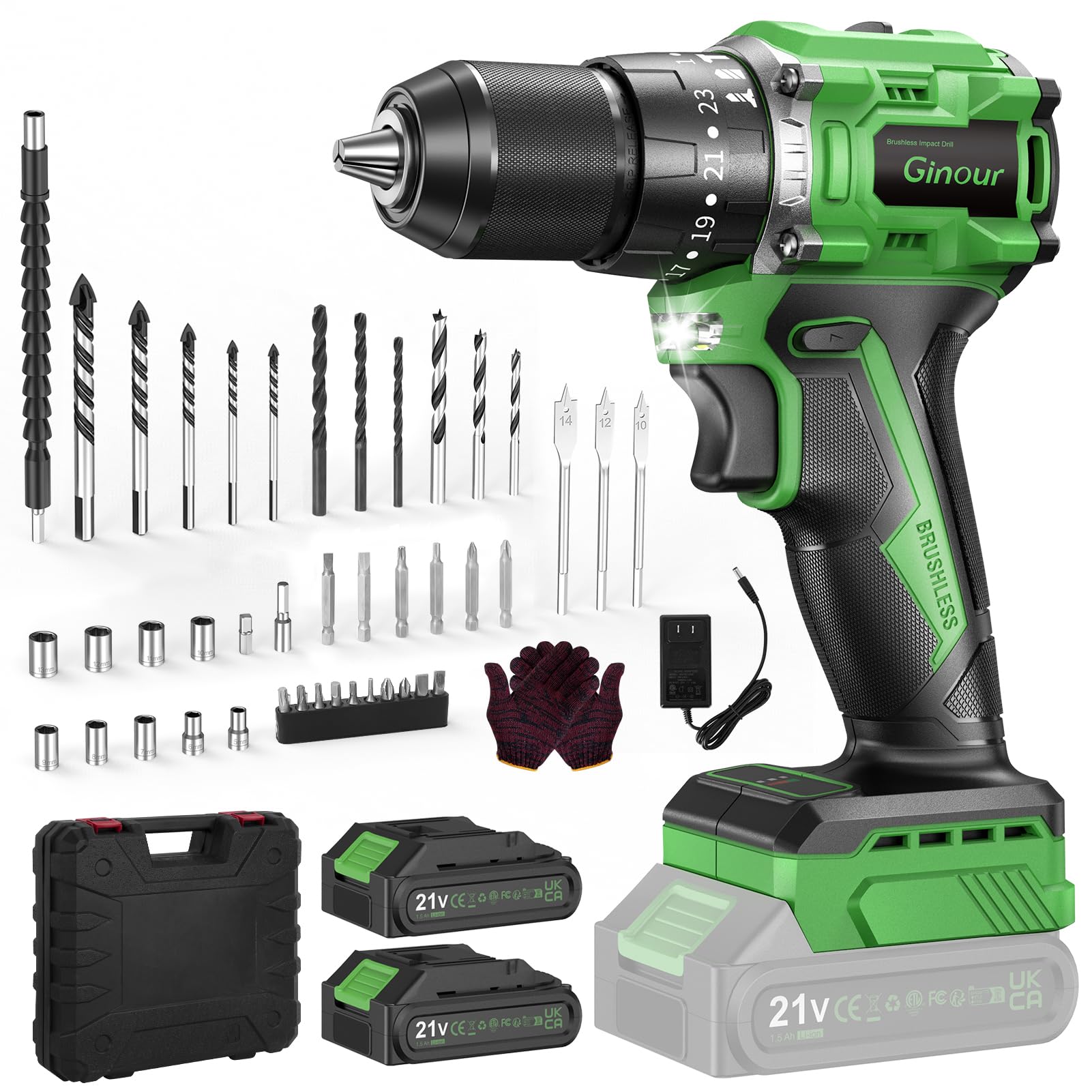 Ginour 21V Brushless Cordless Hammer Drill 442 in.lbs 18000BPM 3/8