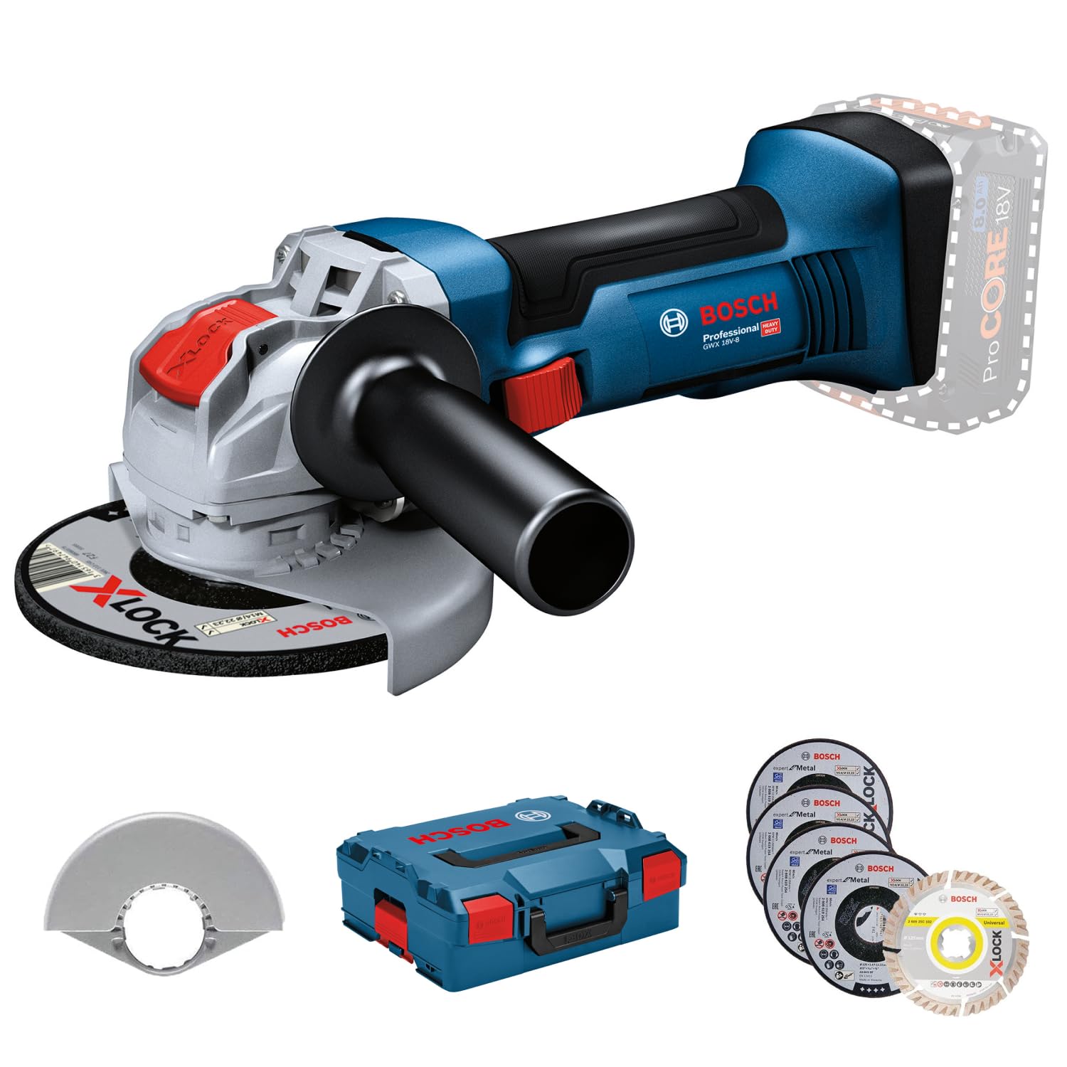 Bosch Professional 18V System GWX 18V-8 Angle Grinder (125 mm disc Diameter, with X-Lock Holder, incl. 5-Piece Cutting and Grinding disc Set, in L-BOXX 136) - Amazon Exclusive Set