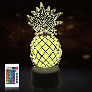 Lampeez Pineapple 3D Night Light with Remote Control, 16 Colors Chaning 4 Flashing Mode, Birthday Xmas Valentine's Day Gift Idea for Boys Girls
