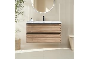 JINDOLI 30 Inch Bathroom Vanity with Sink Floating Vanity Bathroom Wall Mounted Cabinet with 2 Soft Close Drawers, Wood, Ceramic Sink, Mid Century Modern, Oak White