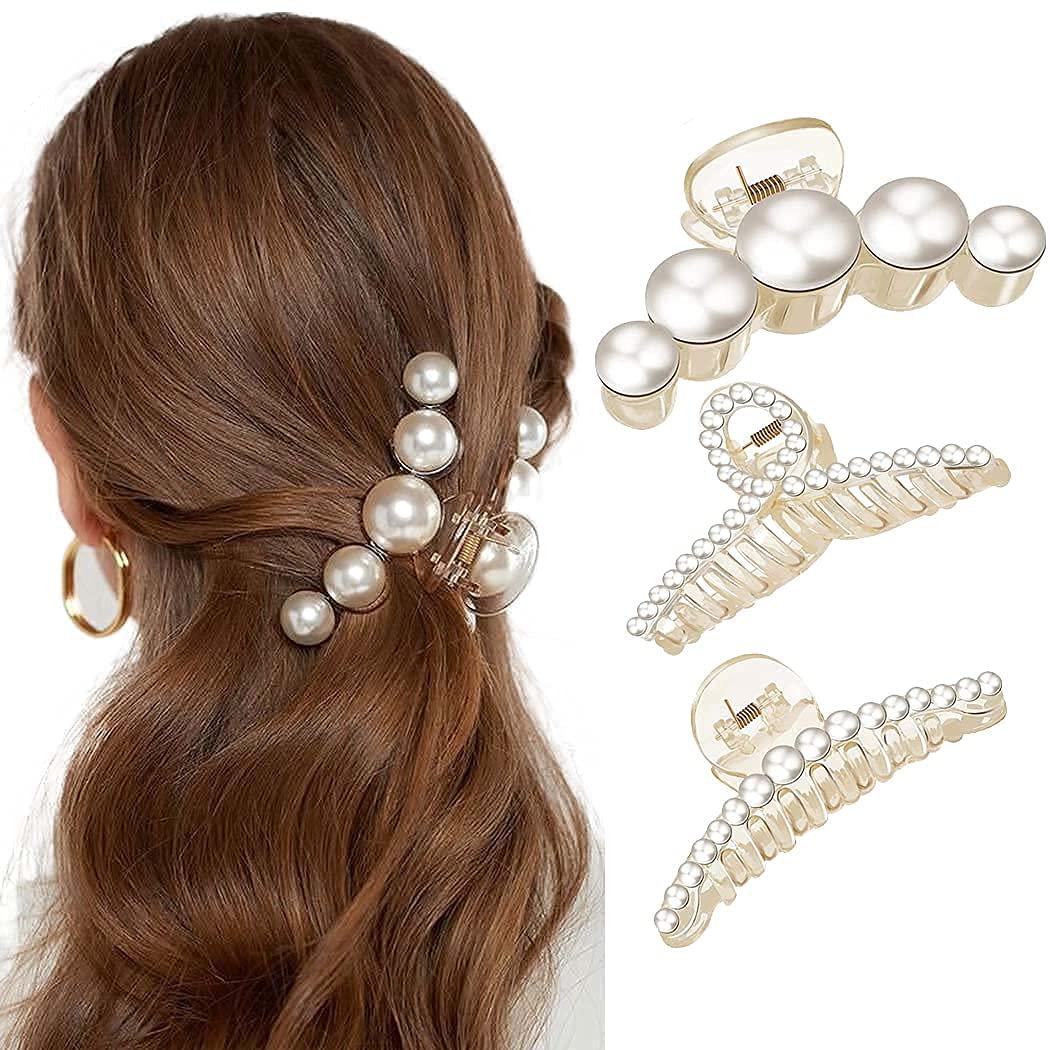 3 Pieces Pearl Banana Clips, Pearl Hair Clips for Women,Non-Slip Hair Clips,Hair Styling Accessories,for Parties,Weddings and Daily Wear