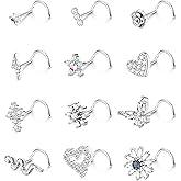 YADOCA 12 Pcs 20G Surgical Steel L Shaped Nose Rings Studs for Women Men - CZ Heart Butterfly Flower Snake Piercing Jewelry