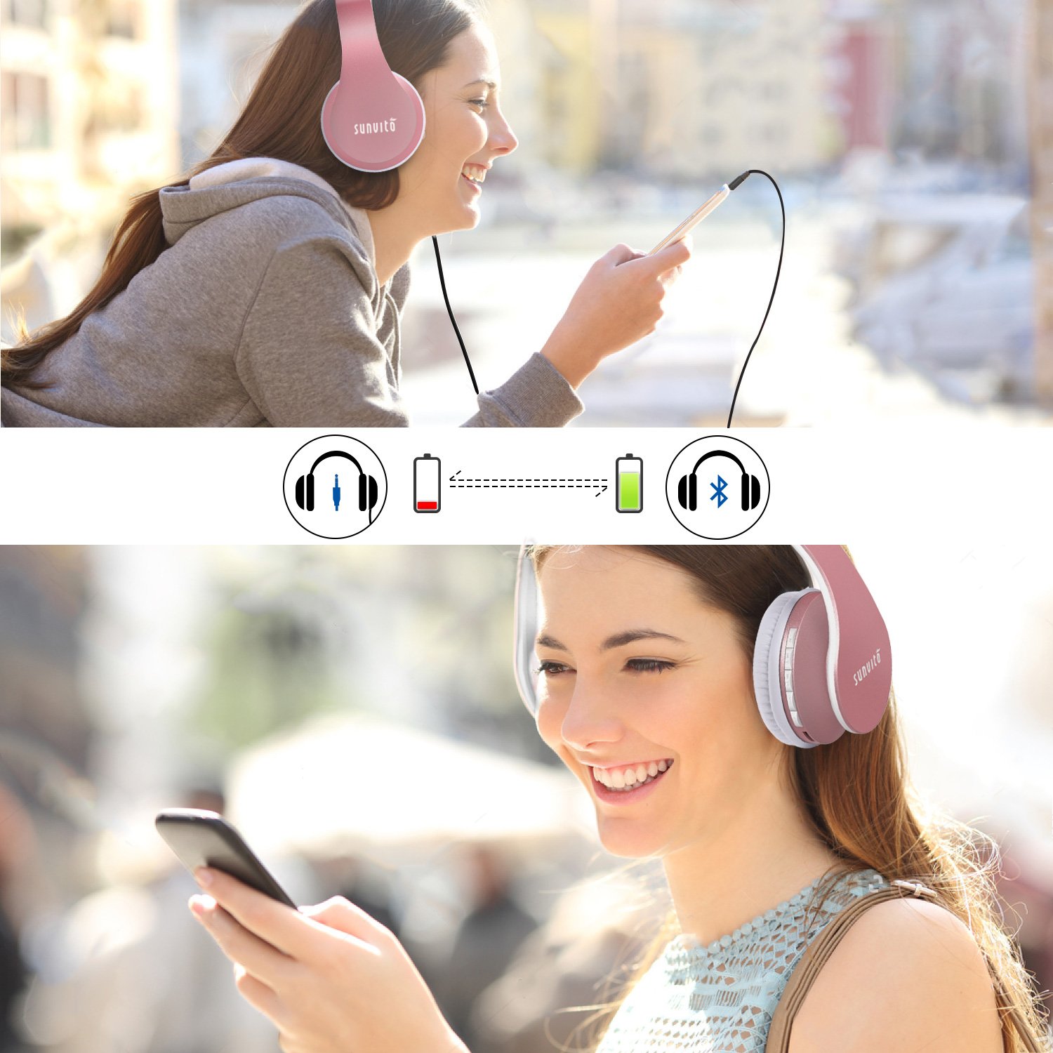 Cuffie Bluetooth 4 in 1 Pieghevole Wireless Auricolari con Mic, Lettore MP3, Radio FM, Auricolare Collegato, Regalo Cuffie Over Ear Stereo per Phone Portatili PC (oro rosa)