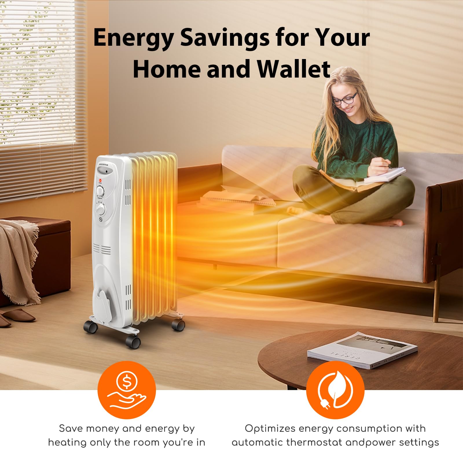 Aigostar 1500W Oil Heater 7-Fin Safe Heat, 3 Heat Setting Space Heater Adjustable Thermostat, Overheat & Tip-Over Protection, Heat Up 250 Square Feet, Quiet Oil Filled Radiator Heater for Indoor Use