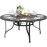PHI VILLA Round Patio Table for 8, Black Metal Table w/Umbrella Hole | 67" large wrought iron dining table. Slatted top design, weather resistant. Perfect for outdoor deck, porch, backyard.