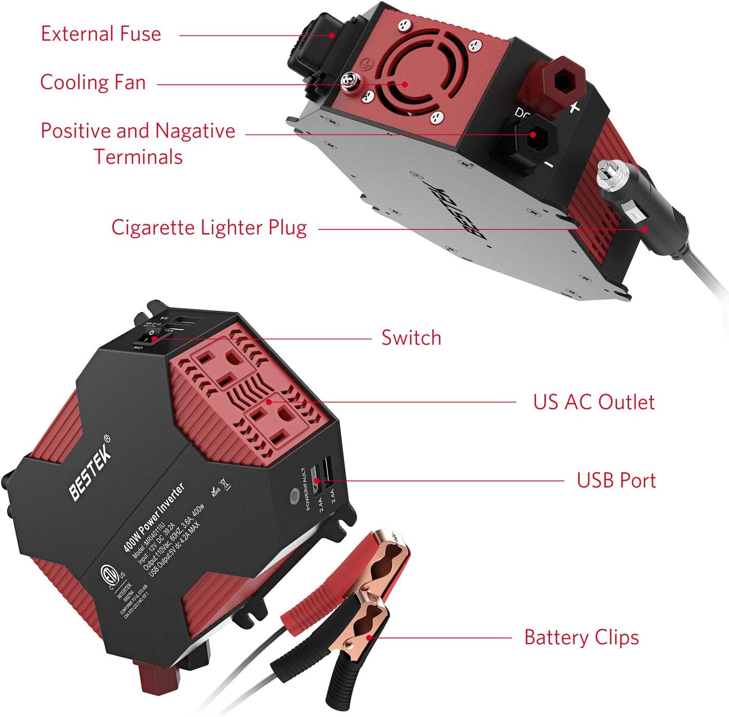 BESTEK 400W Car Power Inverter DC 12V to AC 110V Car Adapter with 5A 4 USB Charging Ports: Automotive