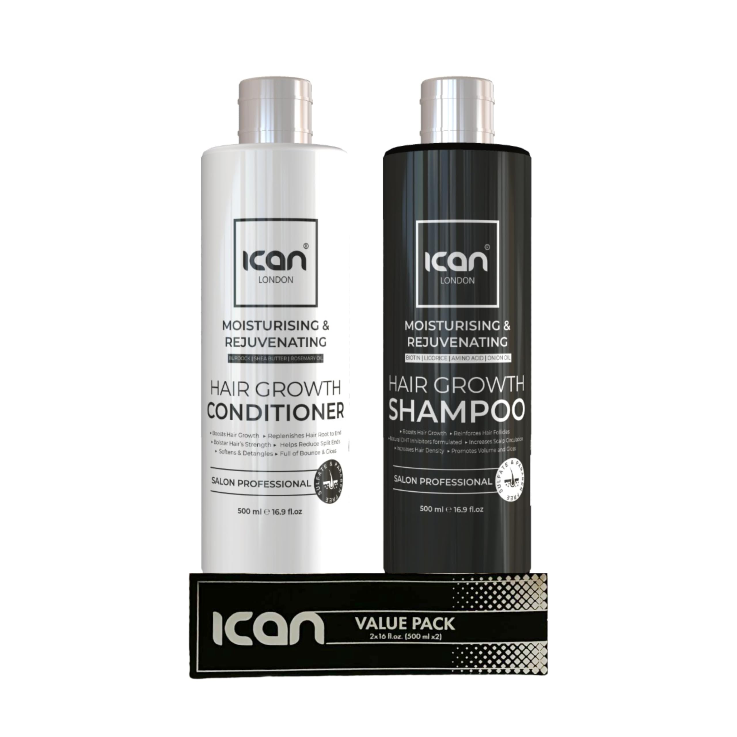 ican London Moisturising Rejuvenating Fast Hair Growth Sulfate Free Shampoo 500ml + Conditioner 500ml Duo Sets