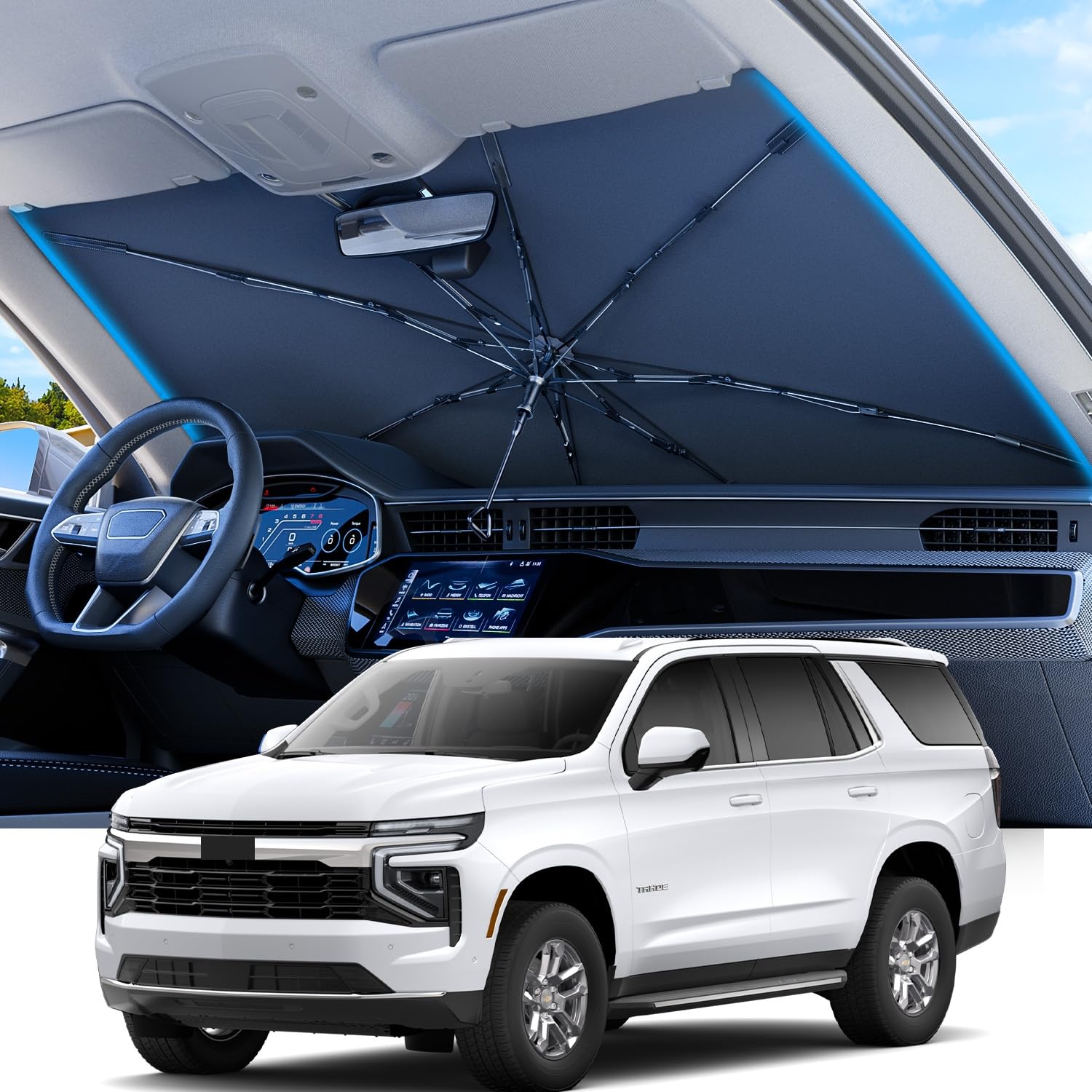 Photo 1 of REEVAA 2025 Upgraded Truck Windshield Sun Shade Umbrella [100% Sun Protection & Keep Cool] Protect Interior, 360° Flex Handle Sun Shield Sunshade, X-Large (61''x40'') for Full-Size Trcuk/MPV Car