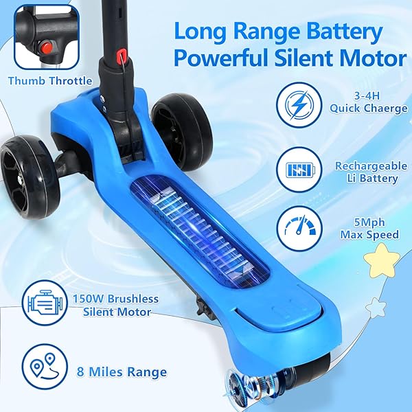 ELECTRIC SCOOTER FOR KIDS AGES 3-12, FULL BODY LIGHTS UP, WIDE DECK, 3 ADJUSTABLE HEIGHTS, 5MPH SAFE SPEED, 90MIN RIDING, FOLDABLE 3 WHEEL ELECTRIC SCOOTER FOR KIDS BOYS GIRLS TODDLER