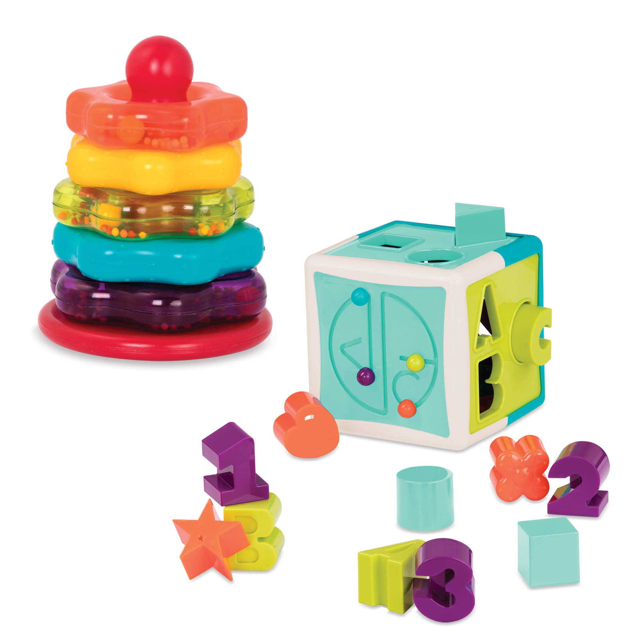 Battat – Sort & Stack Combo – 17 Pieces Sensory Sorting Set – Activity Cube With Bead Maze – Educational & Dexterity Toys – 2+ Years – Shape Sorter Cube + Stacking Rings