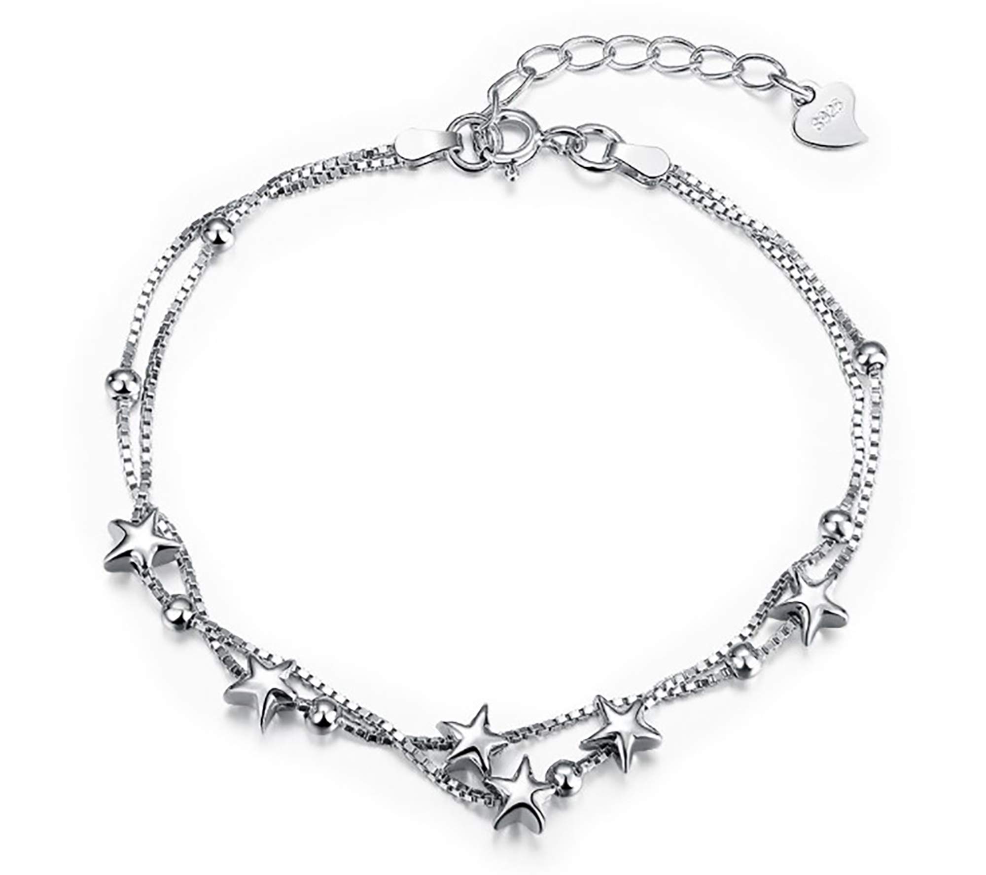 kaguoy silver Bracelets for Women, Sterling Silver Box Chain Double Layered Mini Stars Beaded Charm Adjustable Link tennis Bracelet gift For Women Girls, birthday Jewellery Gift — image 1