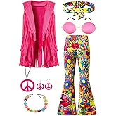 IWALUE 60s 70s Hippie Outfits Kids Girls Costume Fringe Vest Peace Flared Pants Accessories Set