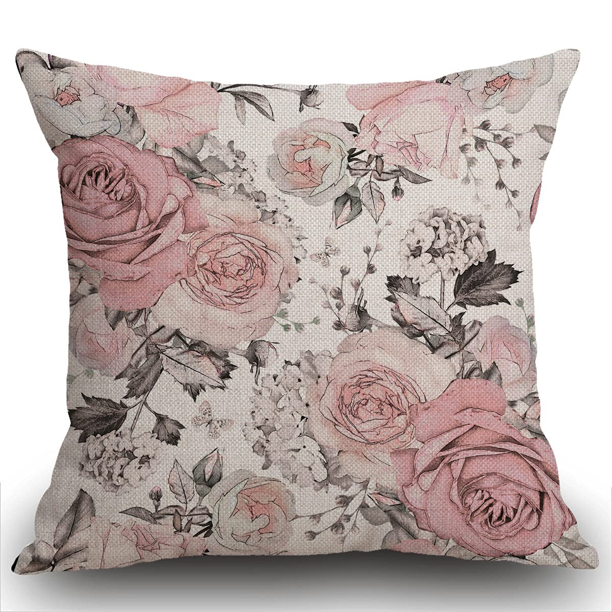 Cushion Cover Gray Abstract with Pink Flowers and Leaves on White Watercolor Floral Pattern Rose in Pastel Color Decorative Throw Pillow Cover Home Decor Square 18x18 Inches Pillowcase 45X45cm