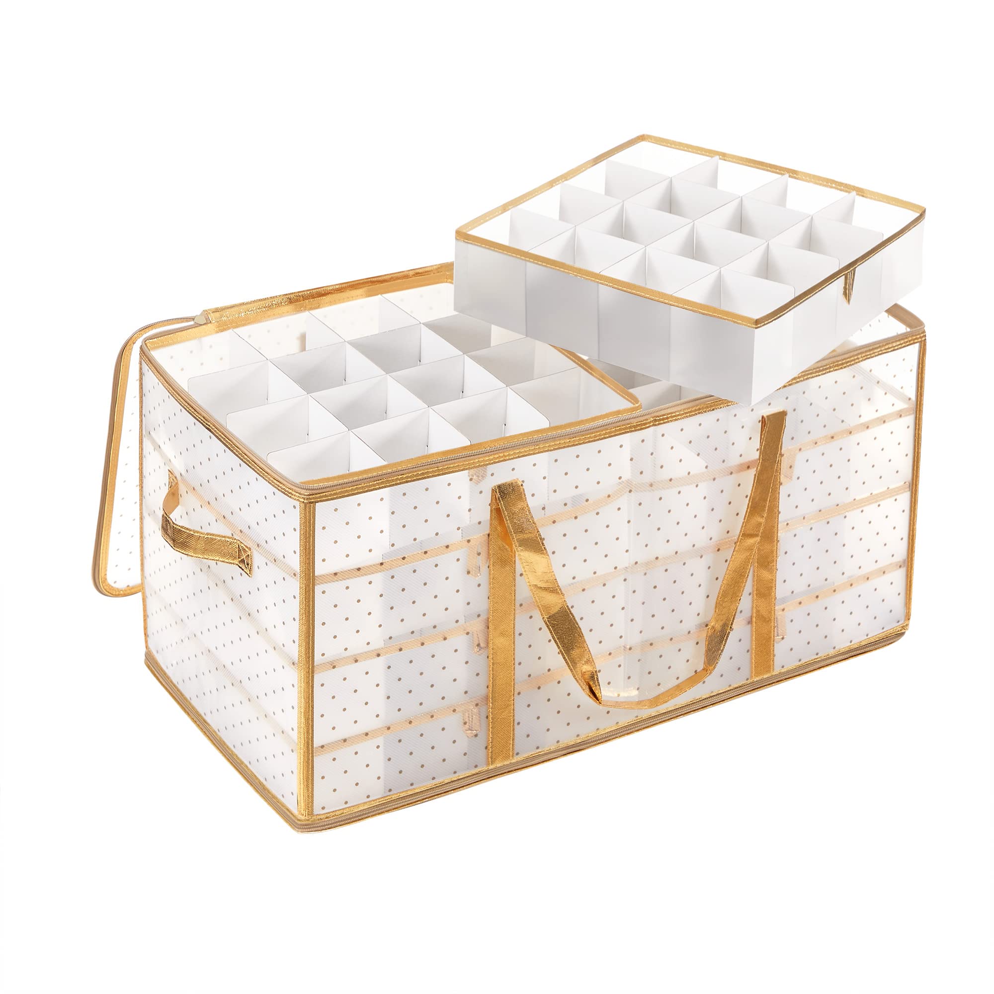 Photo 1 of *see notes***SONGMICS Large Christmas Ornament Storage Box, 3-Inch Balls, 8 Trays, 128 Slots, Plastic Christmas Storage Container with Lid, Dual Zippers, Side Handles, Sandy Gold URFB029A01