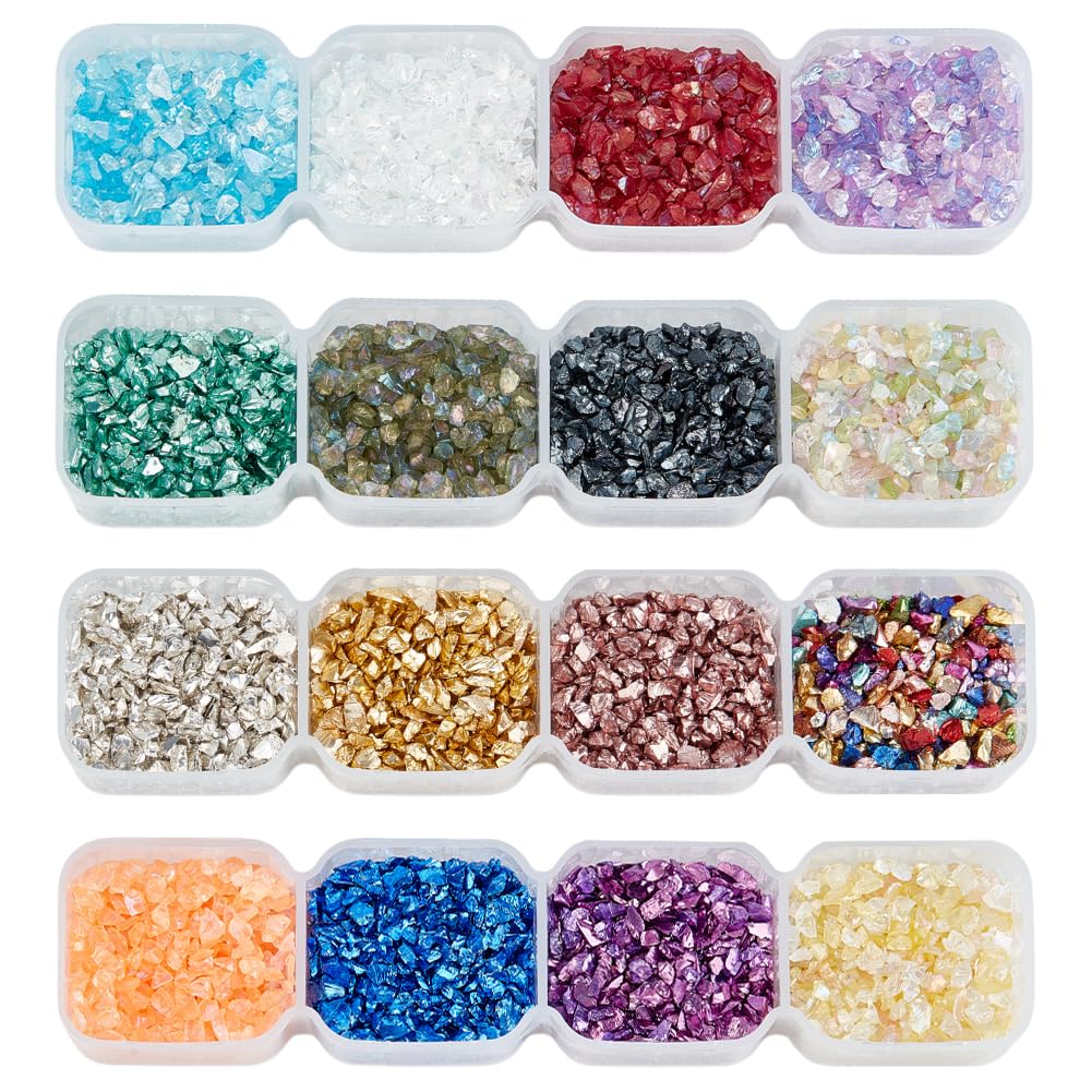 OLYCRAFT 144g Glass Chips 16 Colors Crushed Glass Glitter Undrilled Glass Beads for Nail Art Crafts Resin DIY Mobile Phone Case Vase Fillers Jewelry Making Home Decoration