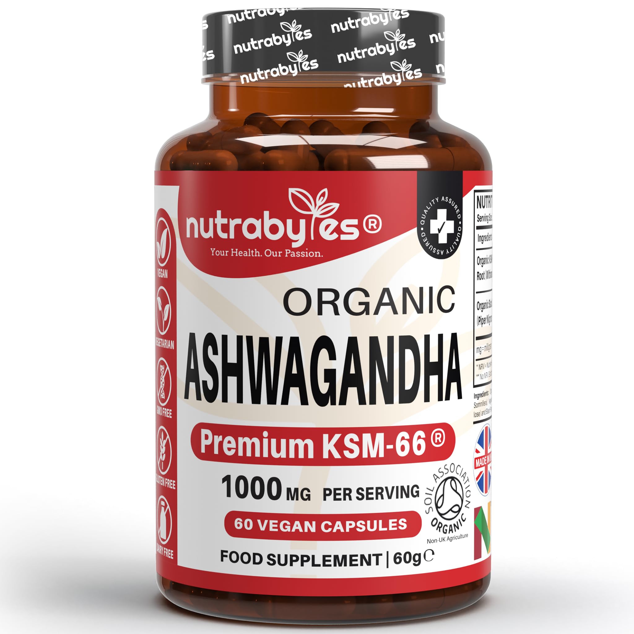 Organic Ashwagandha 1000mg KSM-66 | 60 Vegan Capsules | High Strength Root Extract with 5% Withanolides & Black Pepper | Calm, Sleep & Energy Support | Soil Association Certified | Men & Women